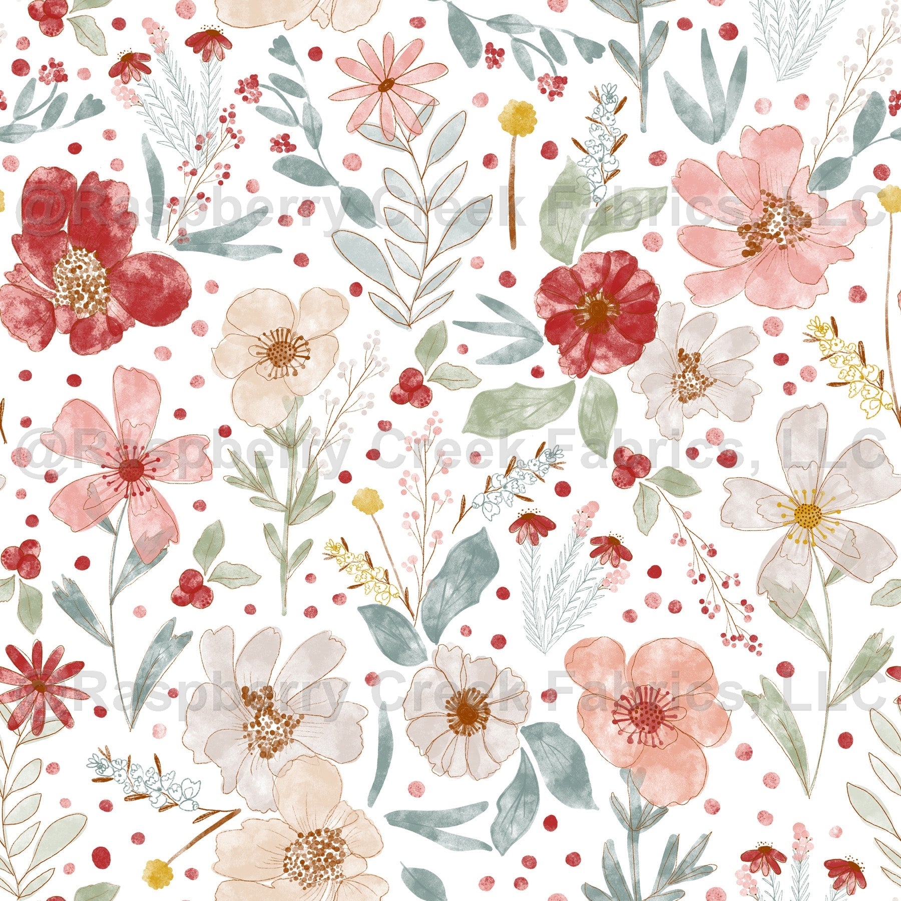 Red Sage Dusty Pink Dusty Teal and White Watercolor Floral Print Fabric, Winter By Kimberly Henrie Fabric, Raspberry Creek Fabrics, watermarked