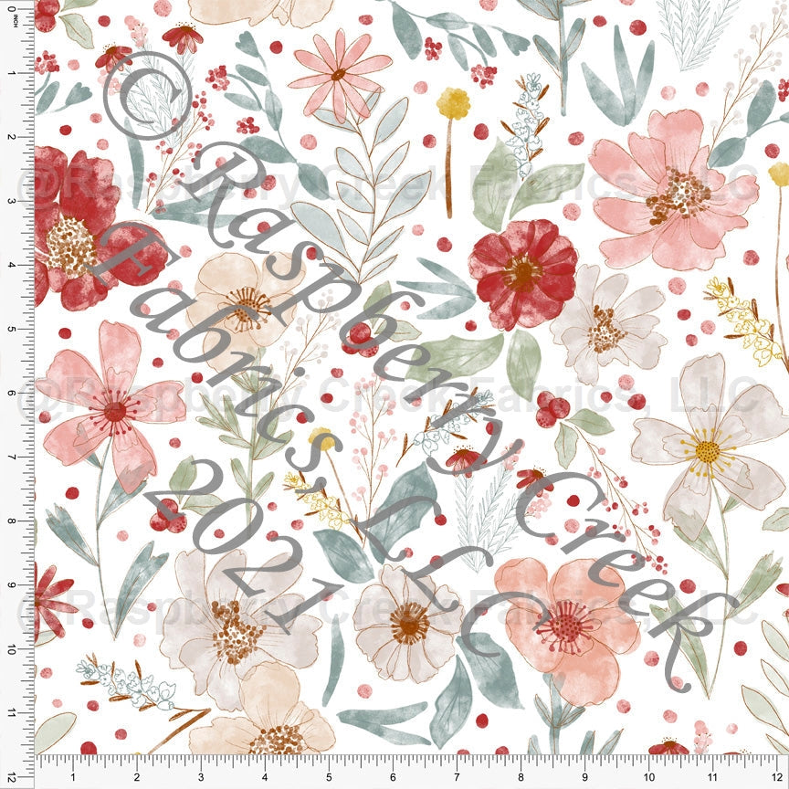 Red Sage Dusty Pink Dusty Teal and White Watercolor Floral Rayon Challis, By Kim Henrie for CLUB Fabrics Fabric, Raspberry Creek Fabrics, watermarked
