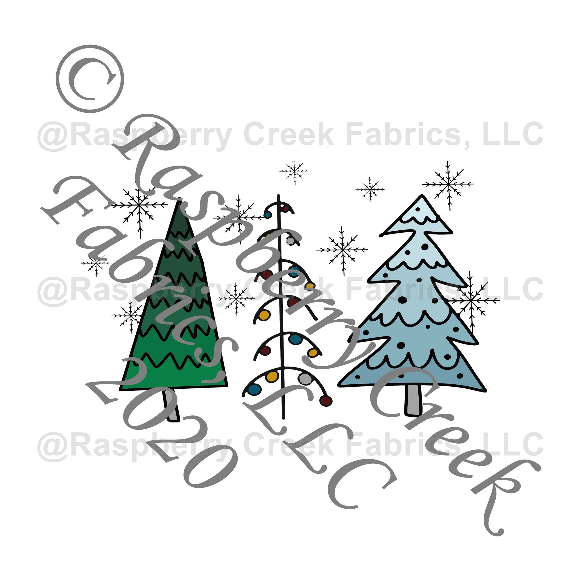 Tonal Teal Grey and Green Christmas Tree Panel, Christmas Trimmings By Brielle Carlson for Club Fabrics Fabric, Raspberry Creek Fabrics, watermarked