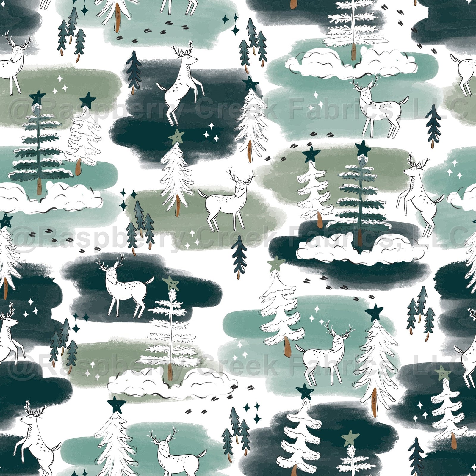 Tonal Hunter Sage and Teal Winter Forest Deer Print Fabric, Winterland Dream by Kelsey Shaw