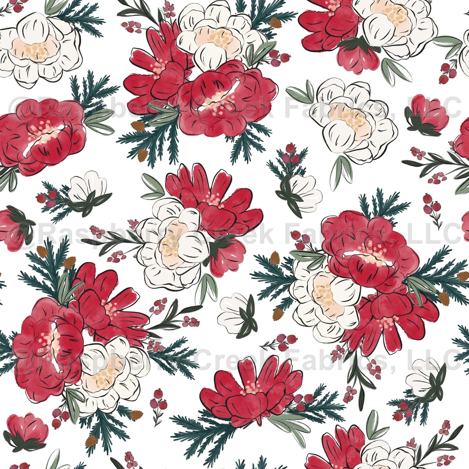 Tonal Red Cream Mustard and Hunter Green Christmas Floral Print Fabric, Winterland Dream by Kelsey Shaw