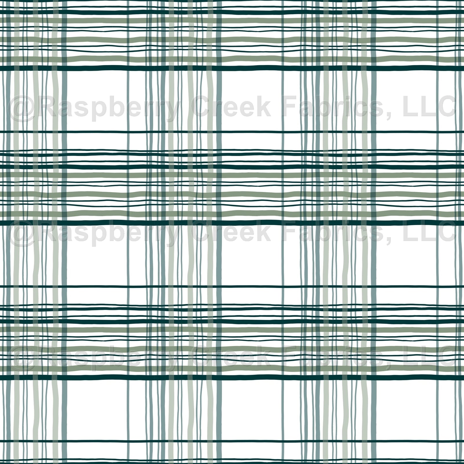 Tonal Sage Hunter Green and Teal Line Drawn Plaid Print Fabric, Winterland Dream by Kelsey Shaw