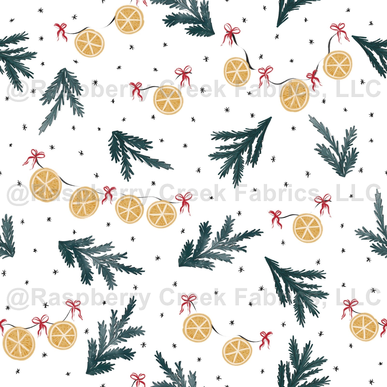 Hunter Green Red Mustard and Black Pine Bough Garland Polka Dot Print Fabric, Winterland Dream by Kelsey Shaw
