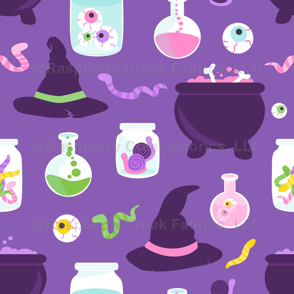 Witchcraft Raspberry Halloween Witch Potions And Supplies - Raspberry Creek Fabrics