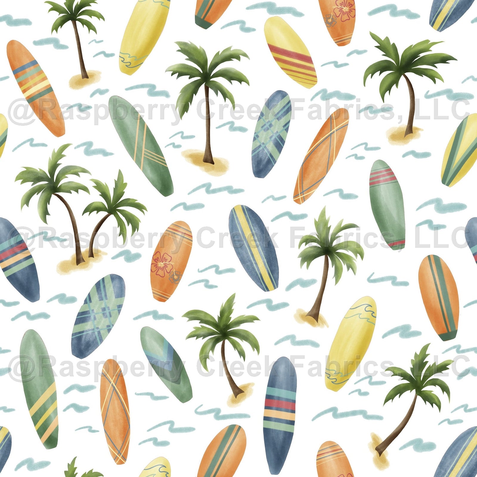 Yellow Orange Denim Blue and Sage Green Palm Tree Surfboard Print Fabric, By Emily Ferguson