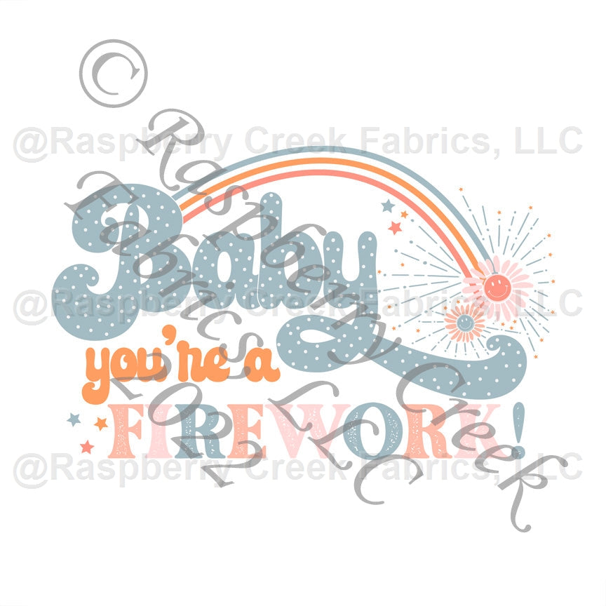 Dusty Blue Orange Dusty Pink and Coral You're A Firework Panel, You're A Firework by Kim Henrie for Club Fabrics Fabric, Raspberry Creek Fabrics, watermarked