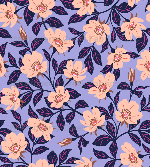 Periwinkle And Raspberry Apple Blossom Floral Periwinkle print wallpaper - Raspberry Creek Fabrics