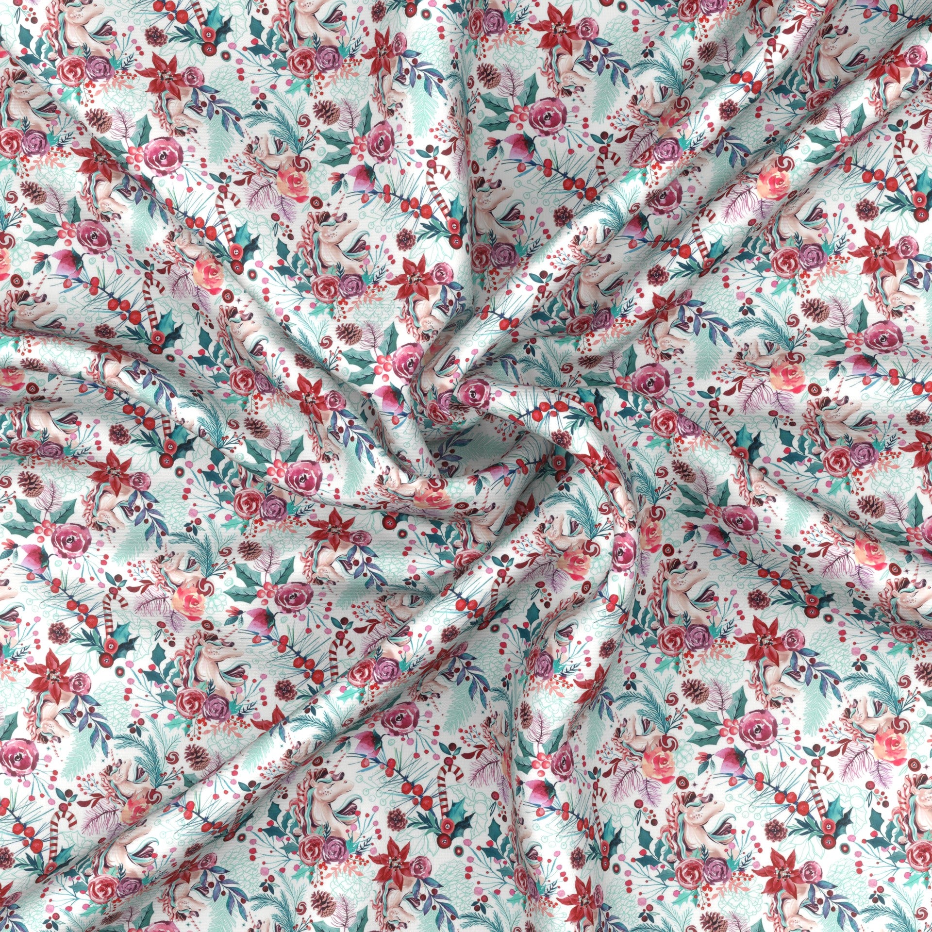 Unicorn Floral - Whimsical Christmas Watercolor Print - Poinsettia Flowers Fabric, Raspberry Creek Fabrics