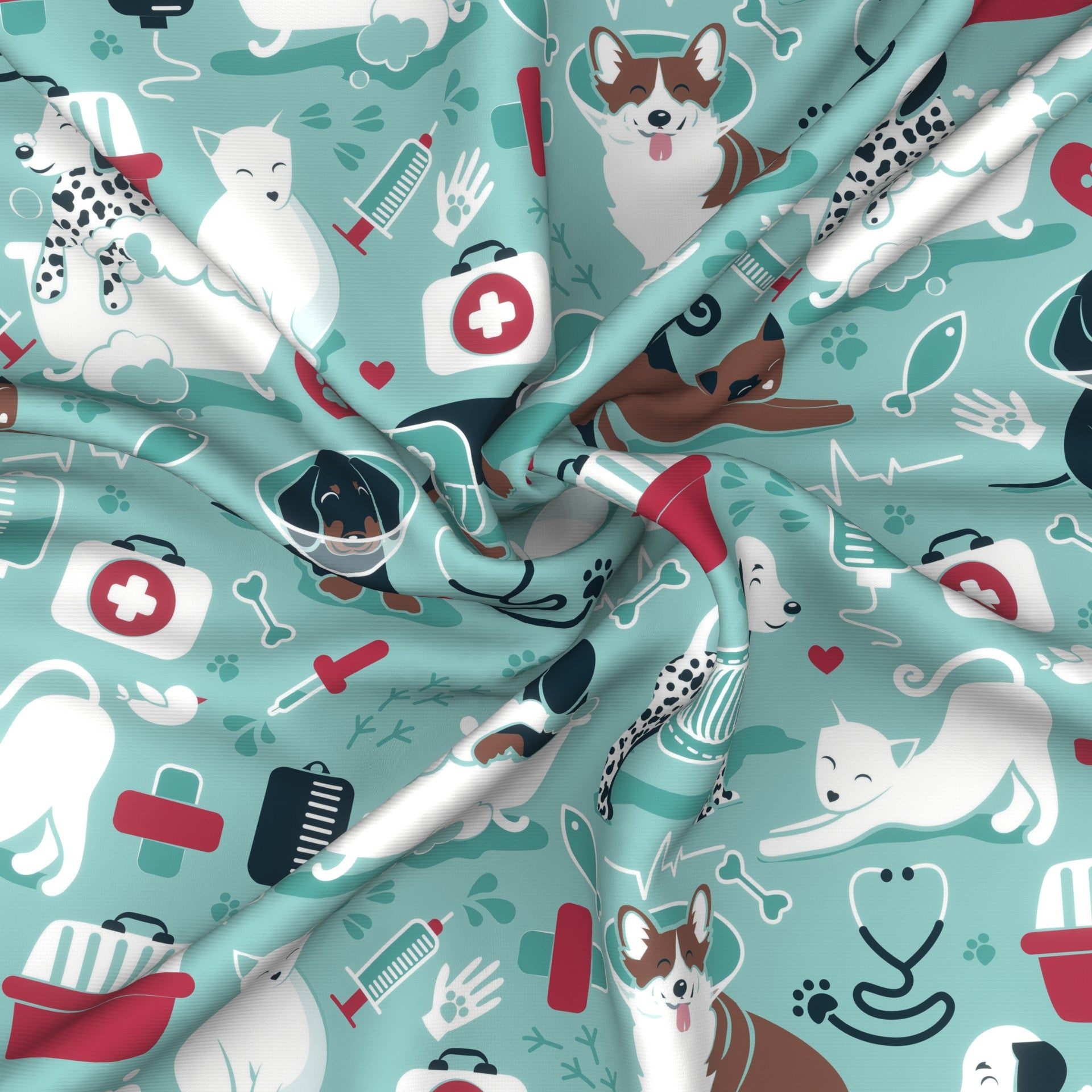 Veterinary medicine, happy and healthy friends // aqua background red details navy blue white and brown cats dogs and other animals Fabric, Raspberry Creek Fabrics