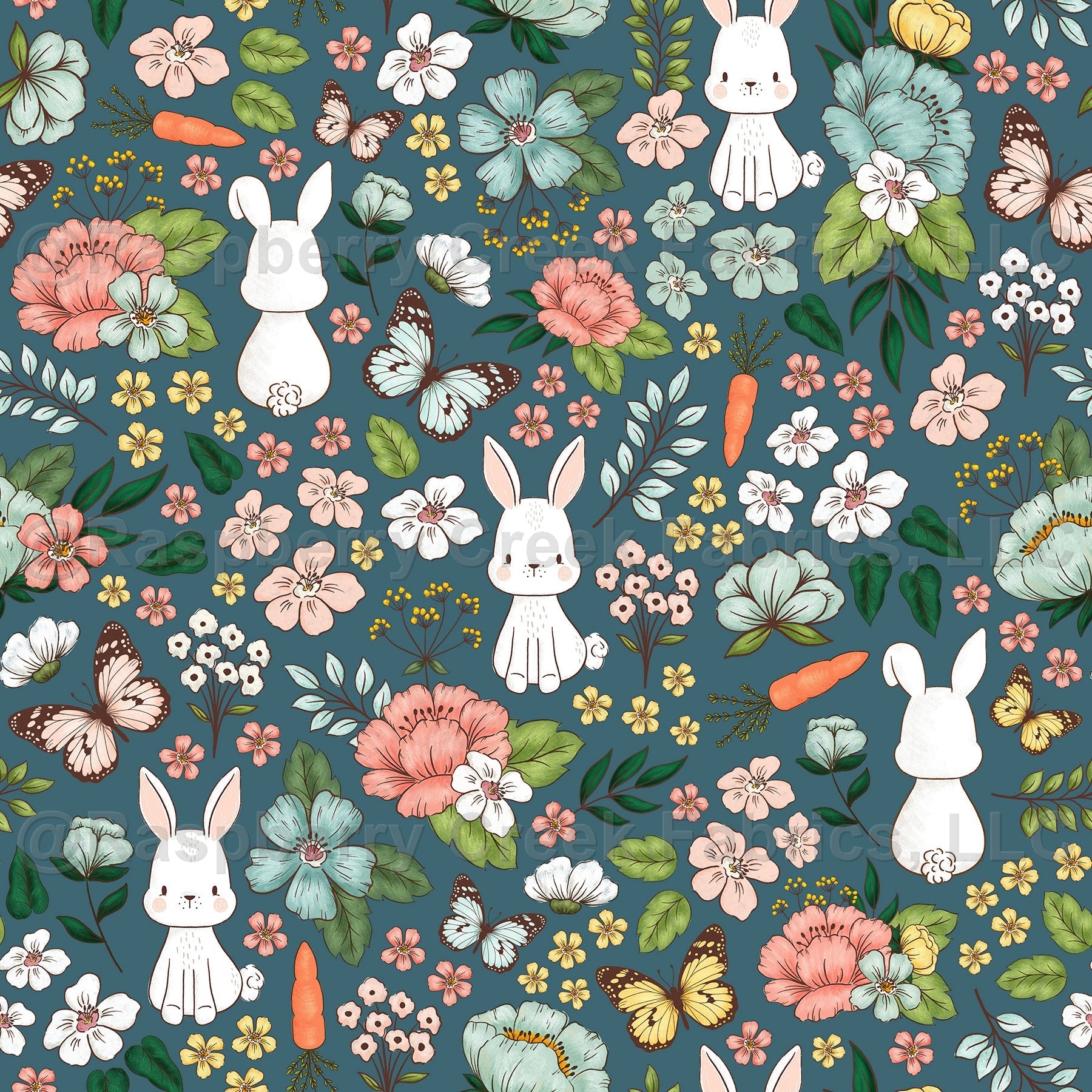 Bunny Garden, Hand drawn bunnies in a field of pink, blue, and yellow flowers with butterflies on a navy blue background, Bunny Trail Collection Fabric, Raspberry Creek Fabrics, watermarked