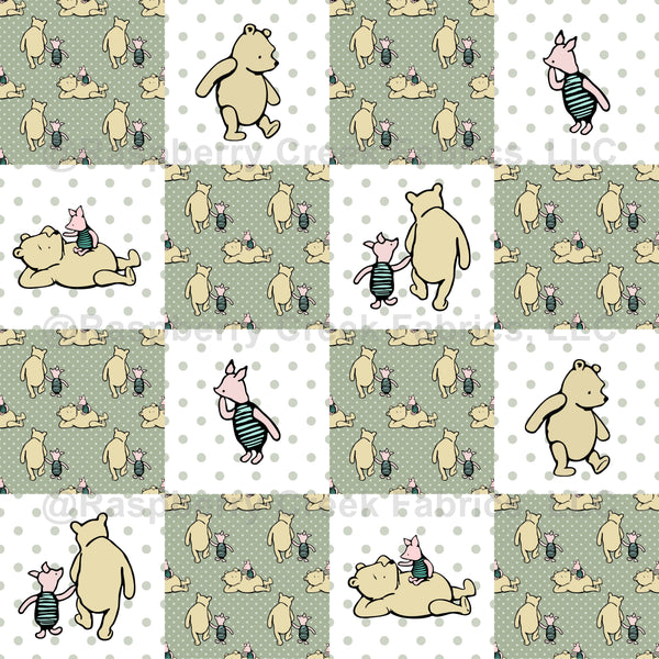 Classic Pooh and Piglet Patchwork in Sage Green - Raspberry Creek Fabrics