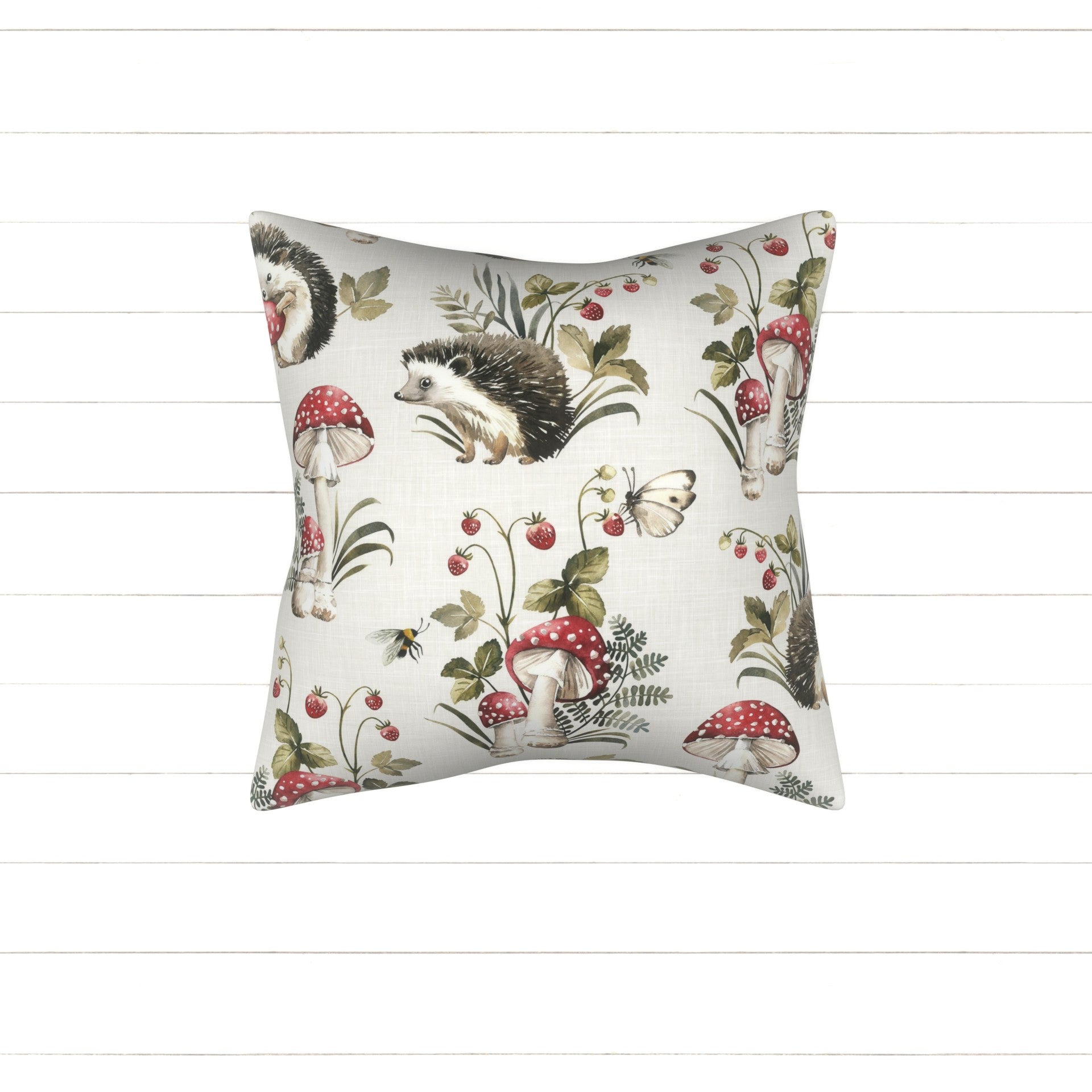 Hedgehog and mushroom by MirabellePrint / Off-white linen textured background Fabric, Raspberry Creek Fabrics