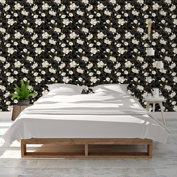 Magnolia Romance Wallpaper | Black + Gold + White + Cream - Raspberry ...