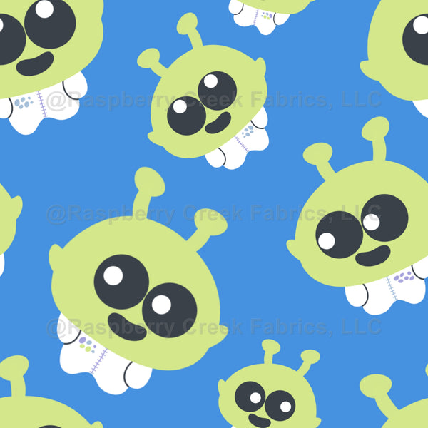 Alien Blue Raspberry Cute Green Alien Astronauts In Space Blue - Raspberry Creek Fabrics