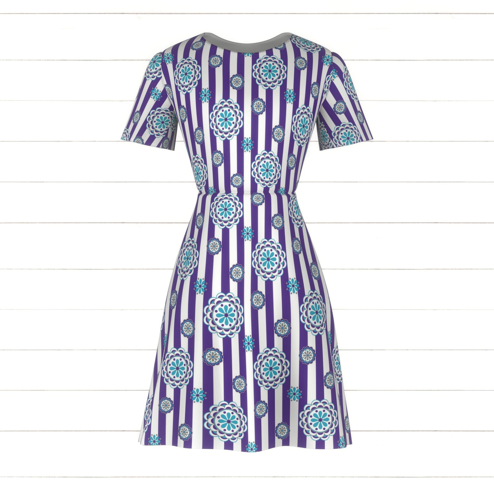 Mod Flowers on Stripes, Purple, Turquoise, Gray