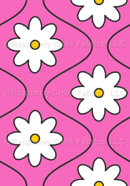 Groovy Wave Flower Hot Pink Fabric, Raspberry Creek Fabrics, watermarked