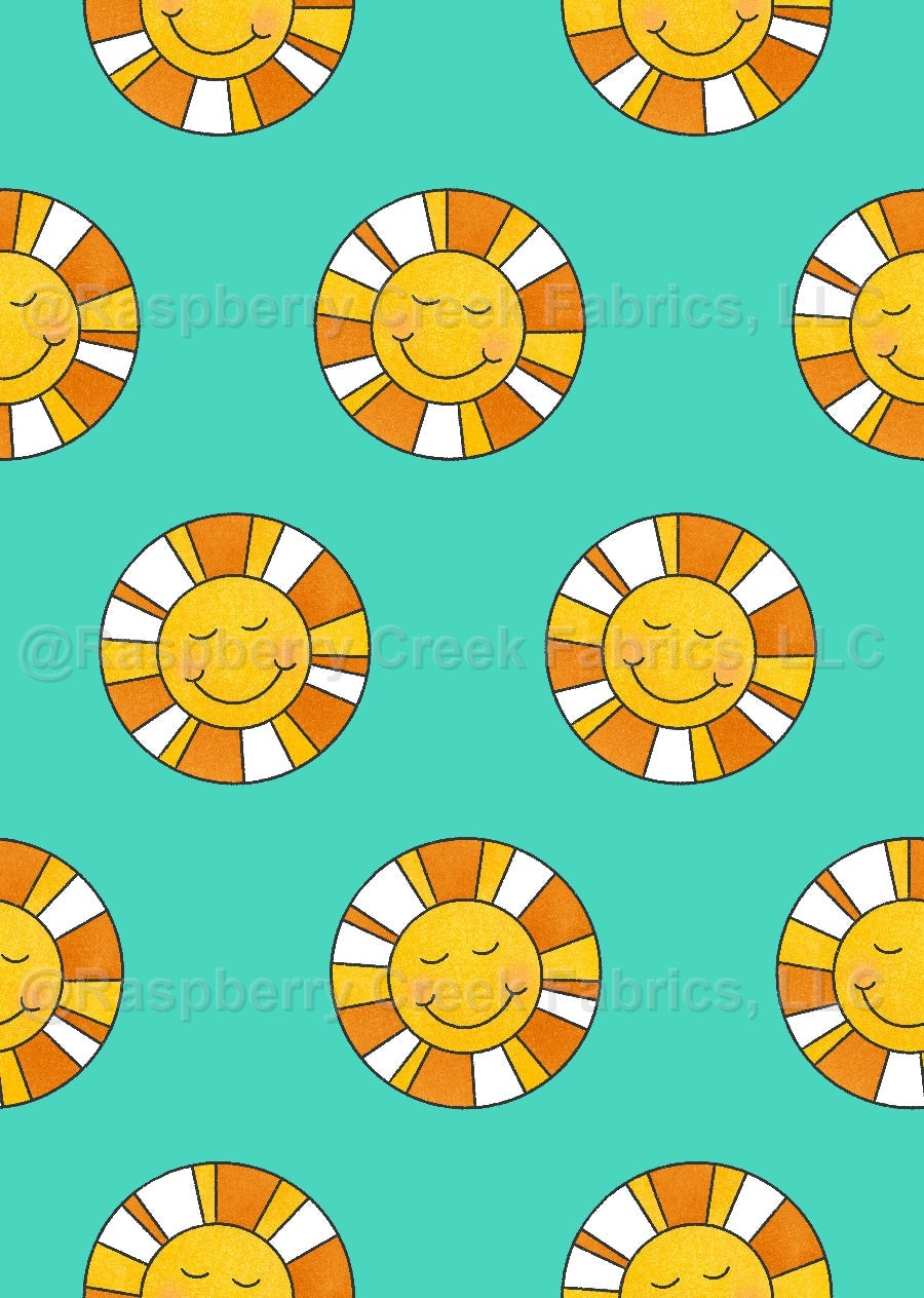 Groovy Suns Teal Fabric, Raspberry Creek Fabrics, watermarked