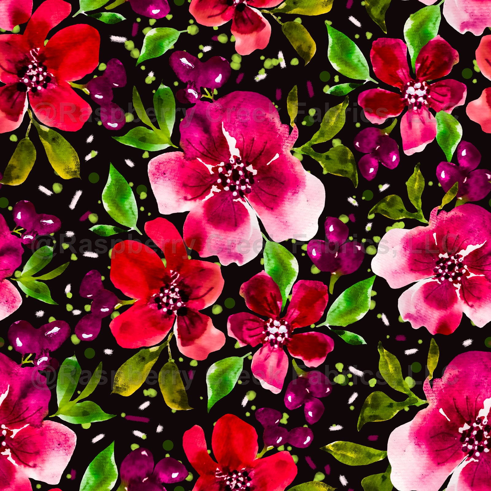 Melanie Blooms - Red Velvet Floral on Black Fabric, Raspberry Creek Fabrics, watermarked
