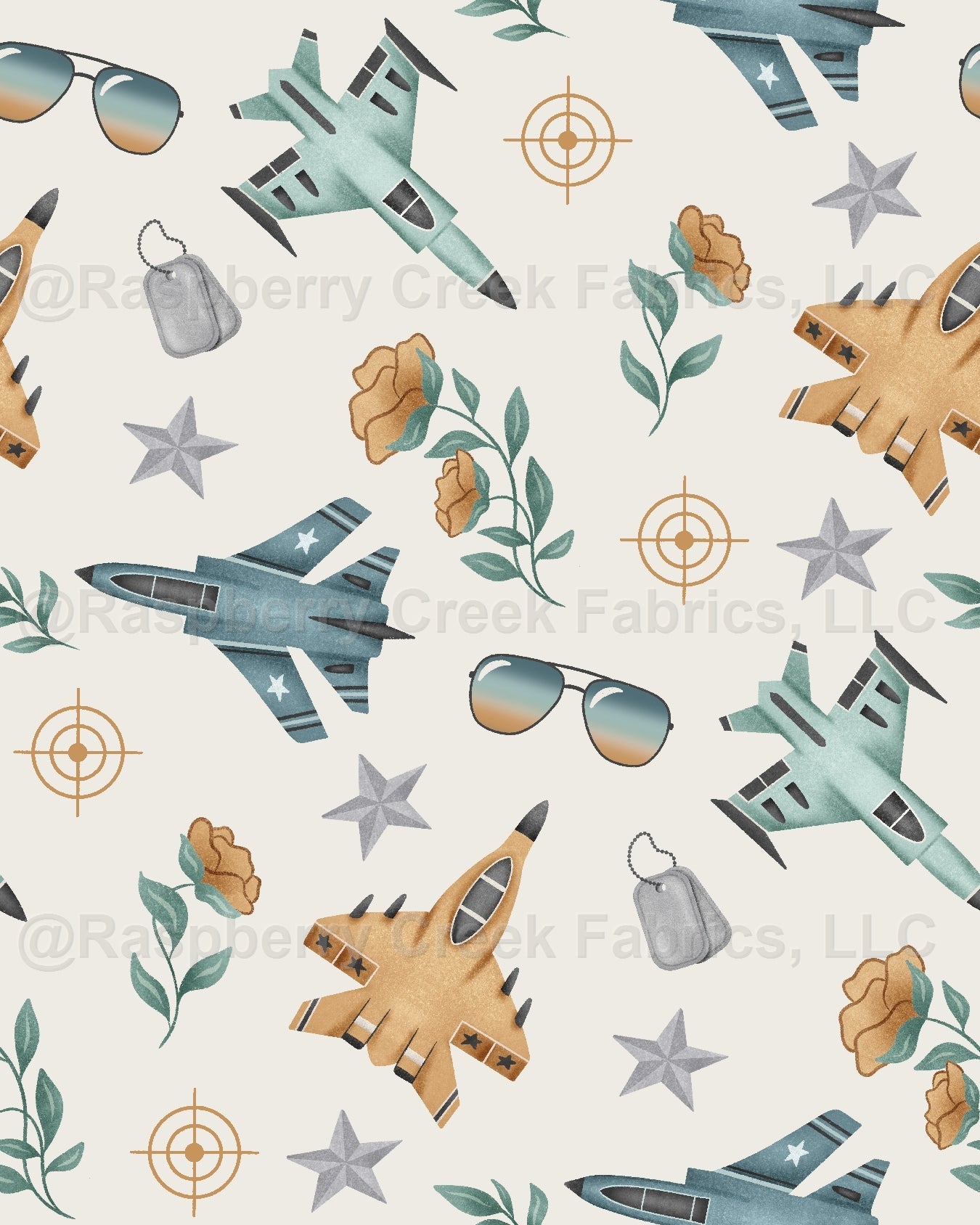 Wingman Flower Jets White Fabric, Raspberry Creek Fabrics, watermarked