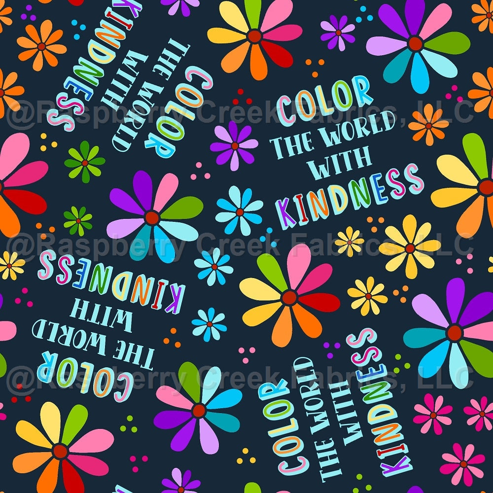 Color The World With Kindness Rainbow Daisy Flowers on Dark Navy