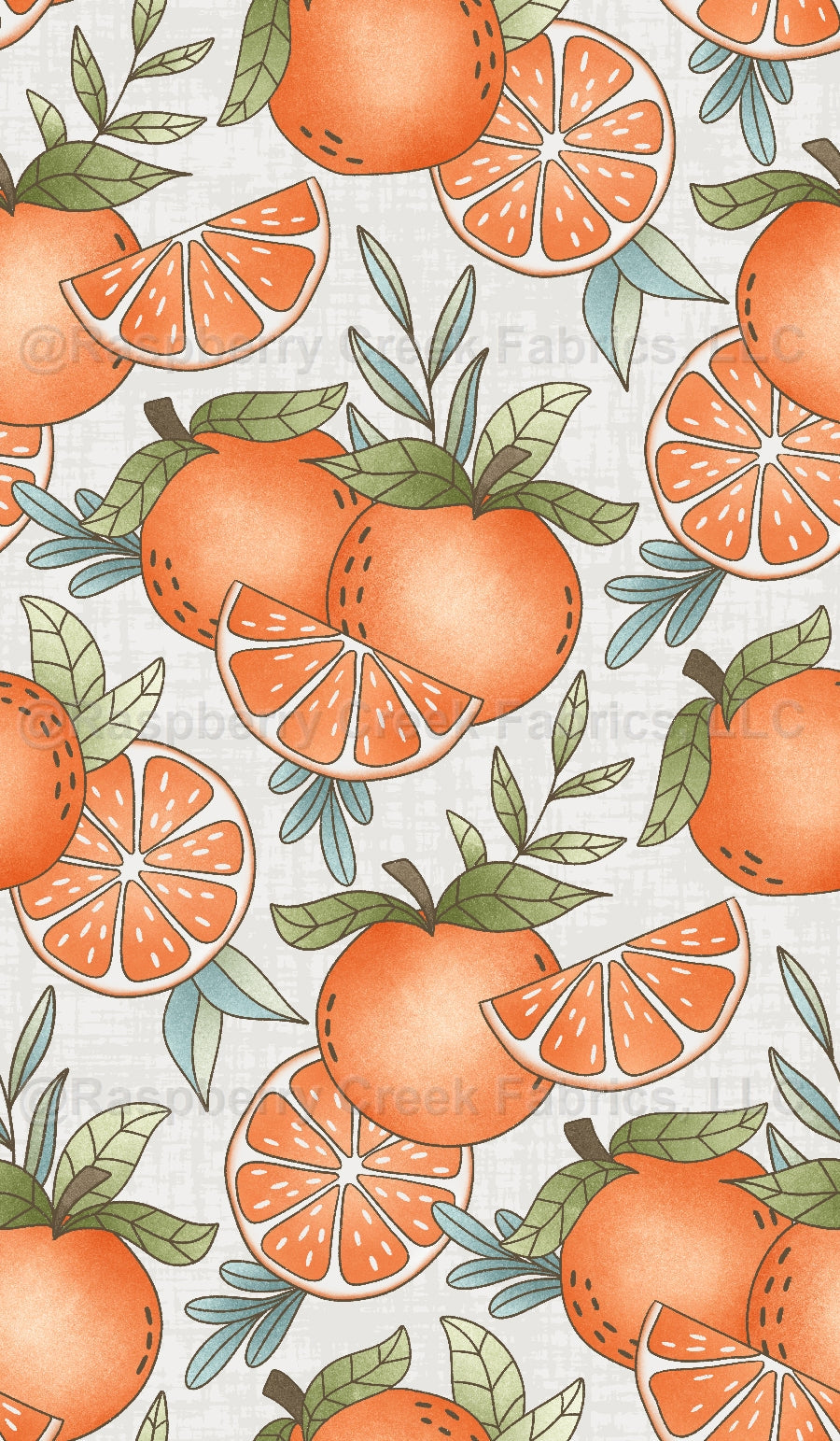 Mesa Oranges White Fabric, Raspberry Creek Fabrics, watermarked