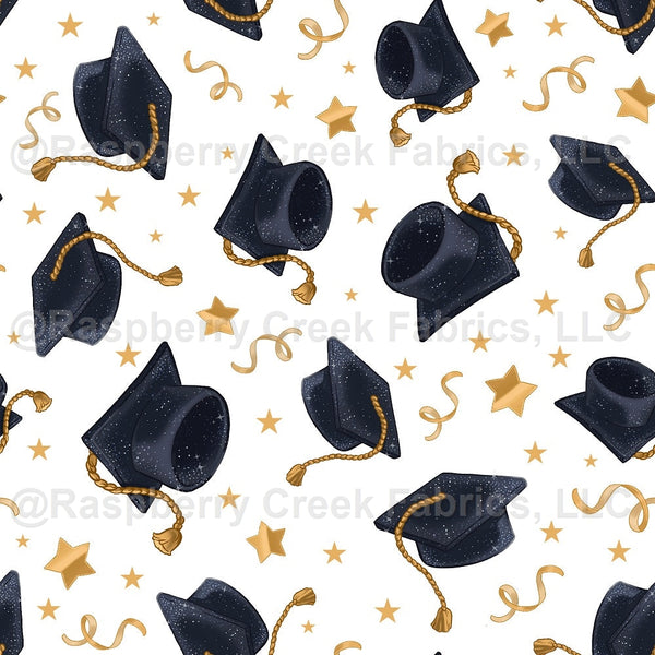 Graduation Caps Stars and Streamers on White - Raspberry Creek Fabrics