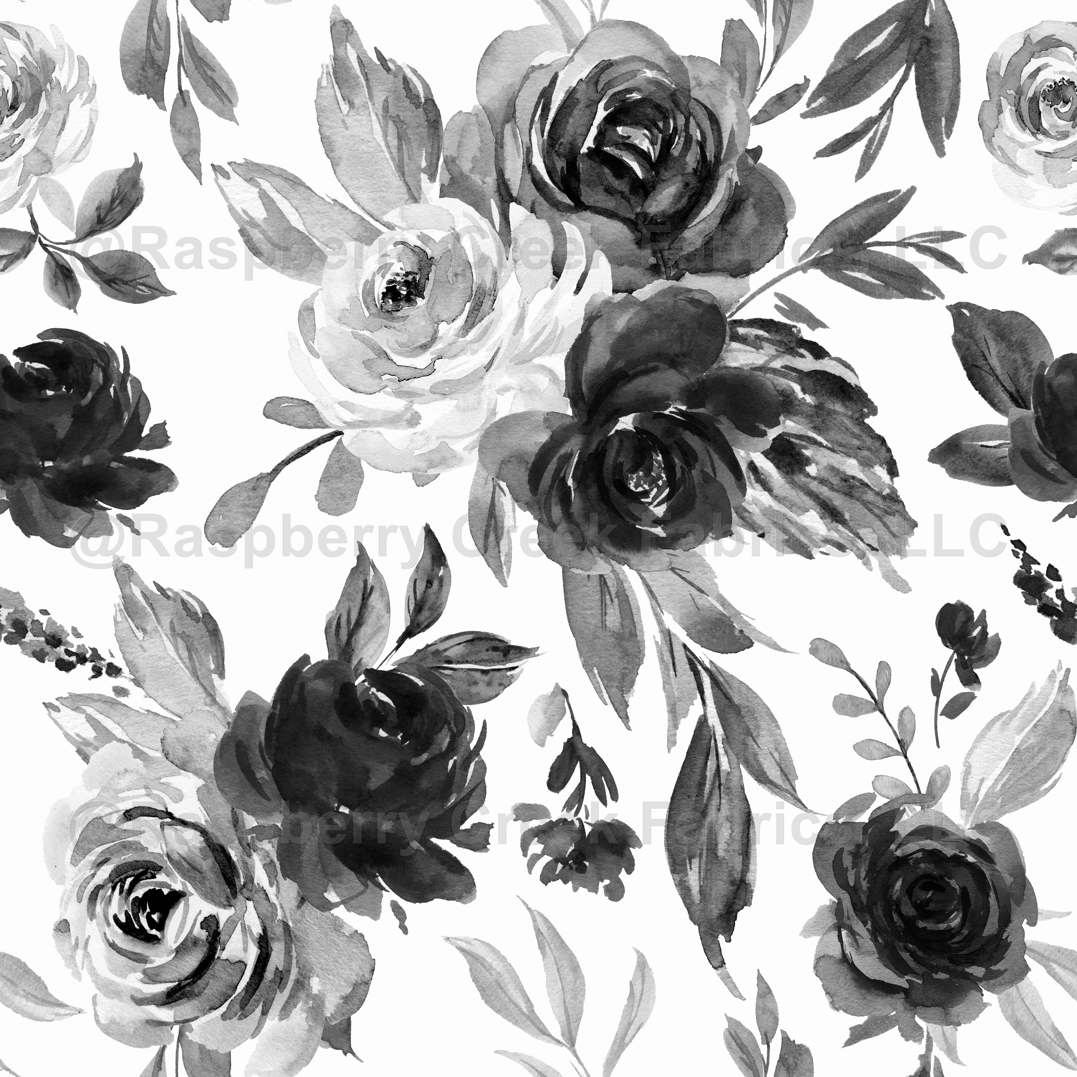 Black and white floral Fabric, Raspberry Creek Fabrics, watermarked