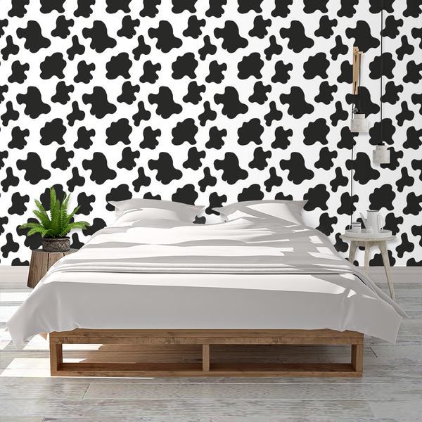 Painted Black and White Cow Print Repeat Pattern Wallpaper