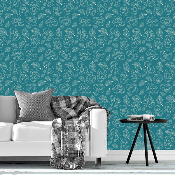 Dark Teal and White Tropical Monstera Leaves Wallpaper, Raspberry Creek  Fabrics