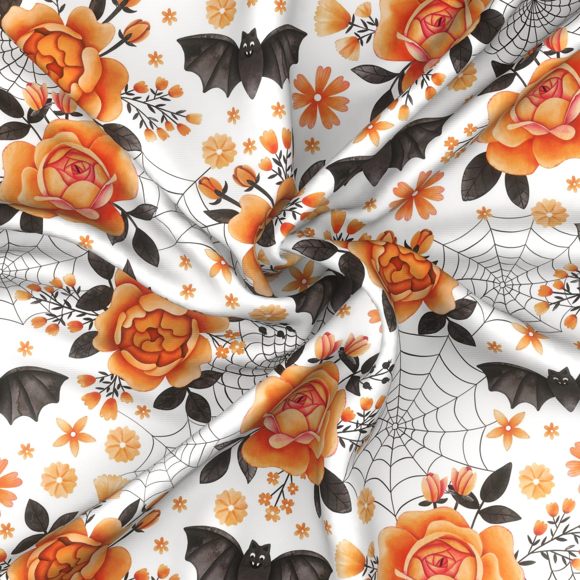 Bats, Spiderwebs, and Orange Peony Roses on White (Pastel Halloween Collection) Fabric, Raspberry Creek Fabrics