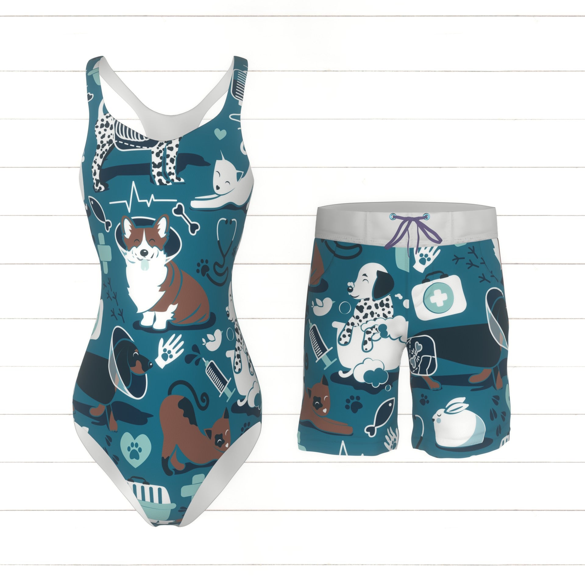 Veterinary medicine, happy and healthy friends // turquoise background aqua details navy blue white and brown cats dogs and other animals Fabric, Raspberry Creek Fabrics
