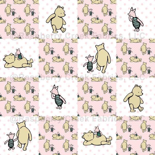 Classic Pooh and Piglet Patchwork in Pale Pink - Raspberry Creek Fabrics