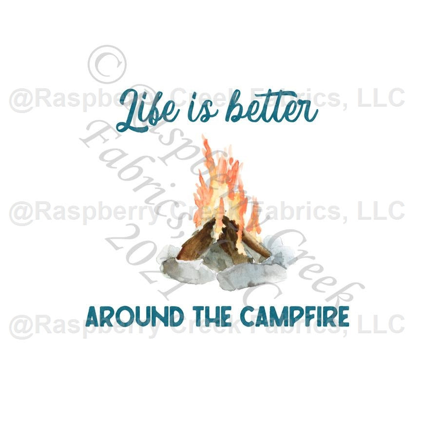 Teal Grey Brown Orange and Yellow Life is Better Around the Campfire Panel, Let's Go Outdoors By Brittney Laidlaw for Club Fabrics Fabric, Raspberry Creek Fabrics, watermarked