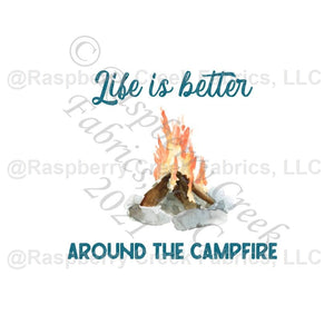 Teal Grey Brown Orange and Yellow Life is Better Around the Campfire Panel, Let's Go Outdoors By Brittney Laidlaw for Club Fabrics Fabric, Raspberry Creek Fabrics, watermarked