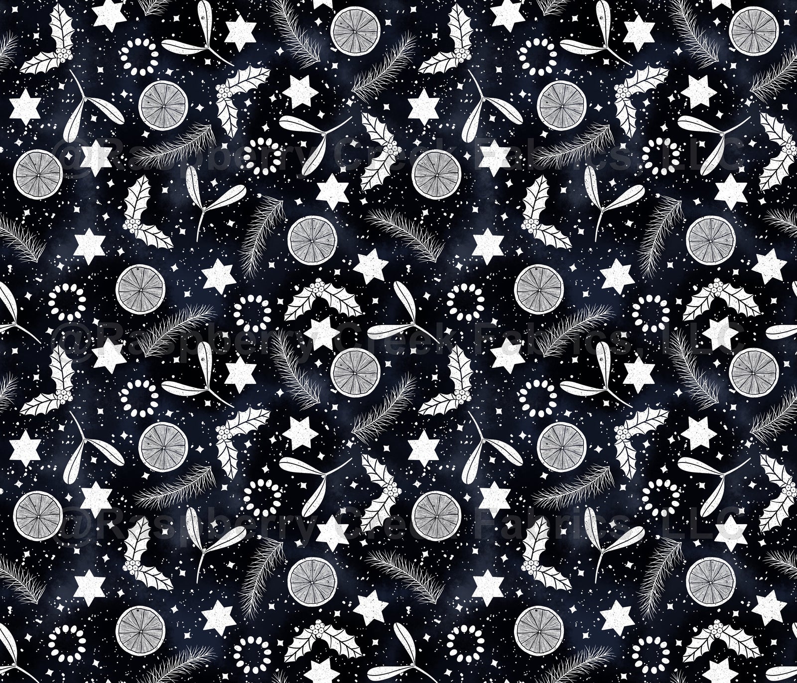 Festive Christmas print orange stars mistletoe holly and pine tree branch on dark blue by denesannadesign Wallpaper, Raspberry Creek Fabrics, watermarked