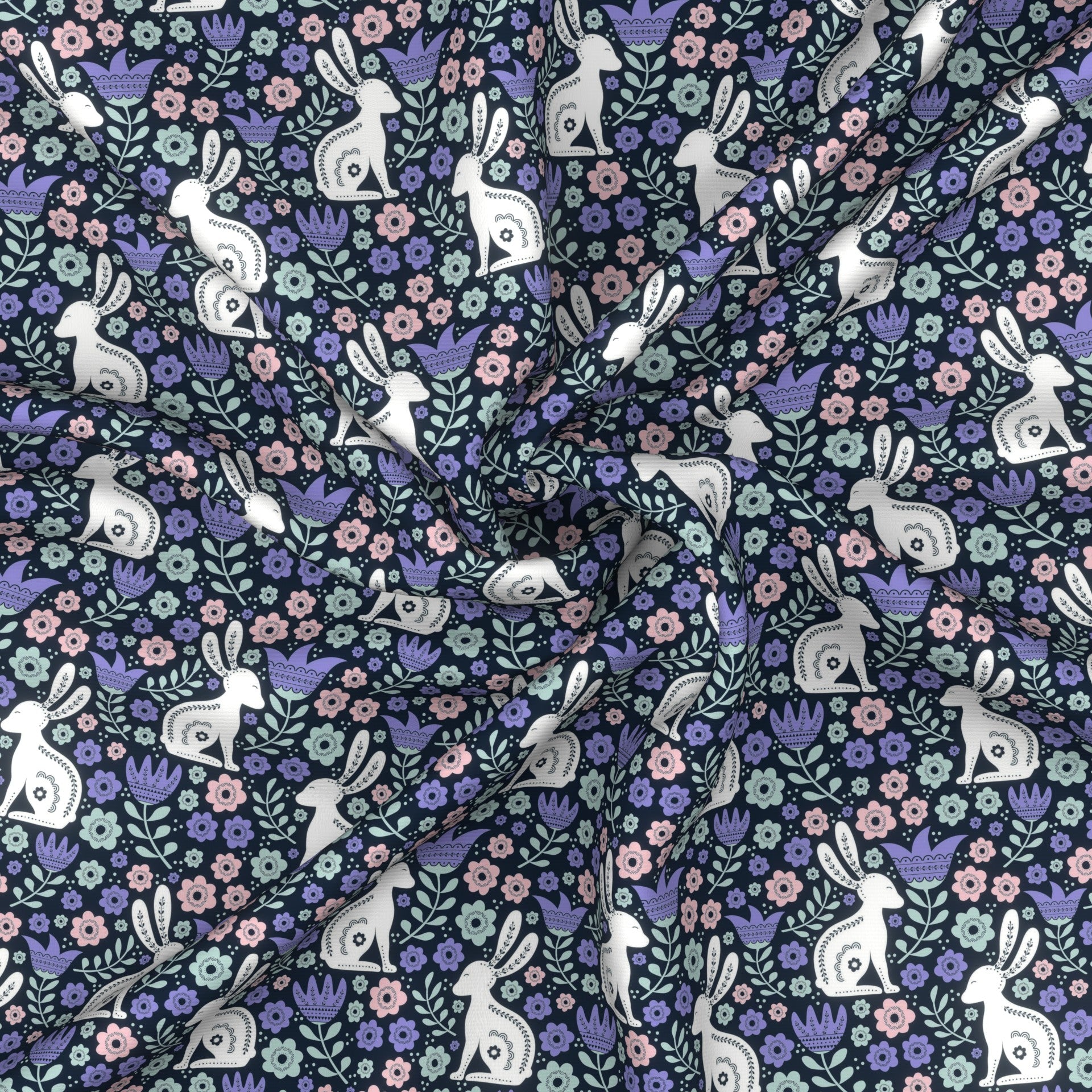 Folk Easter Bunnies on Navy Fabric, Raspberry Creek Fabrics