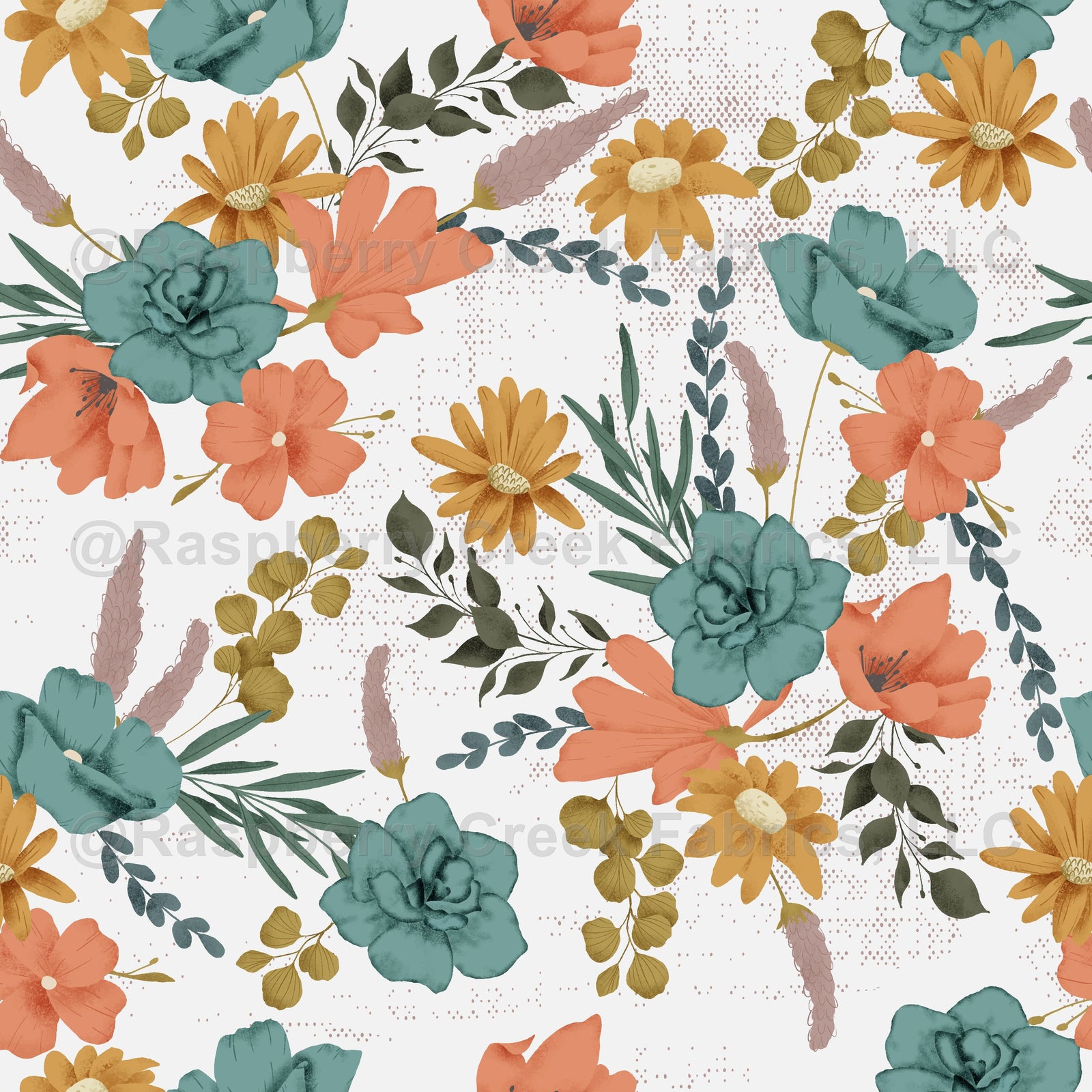 Spring Revival in Cotton, Spring Revival Collection, Florals, Textured background, Flowers, Wallpaper, Coral, Blue, Yellow, Green, Mauve