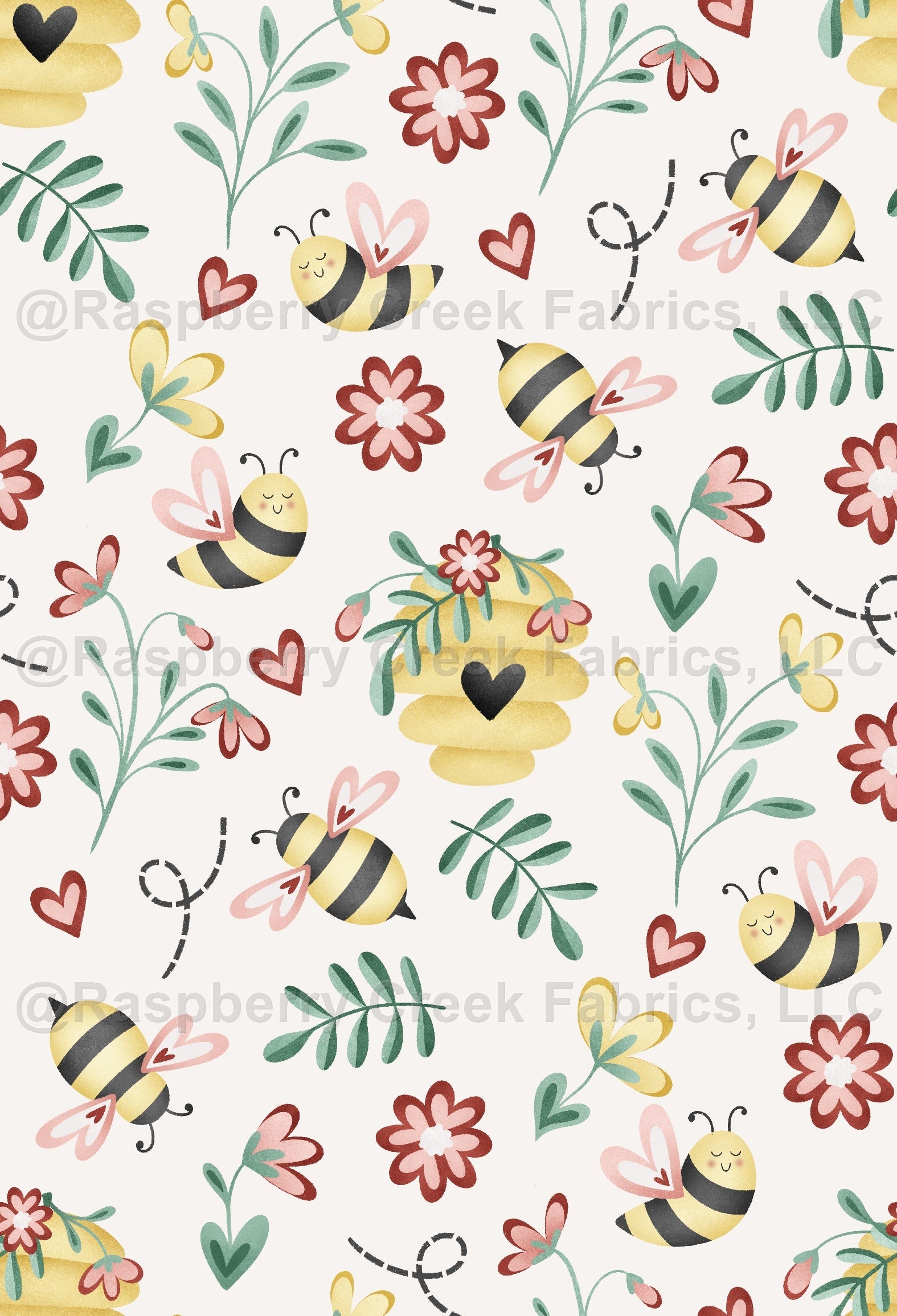 Bee Mine White Fabric, Raspberry Creek Fabrics, watermarked