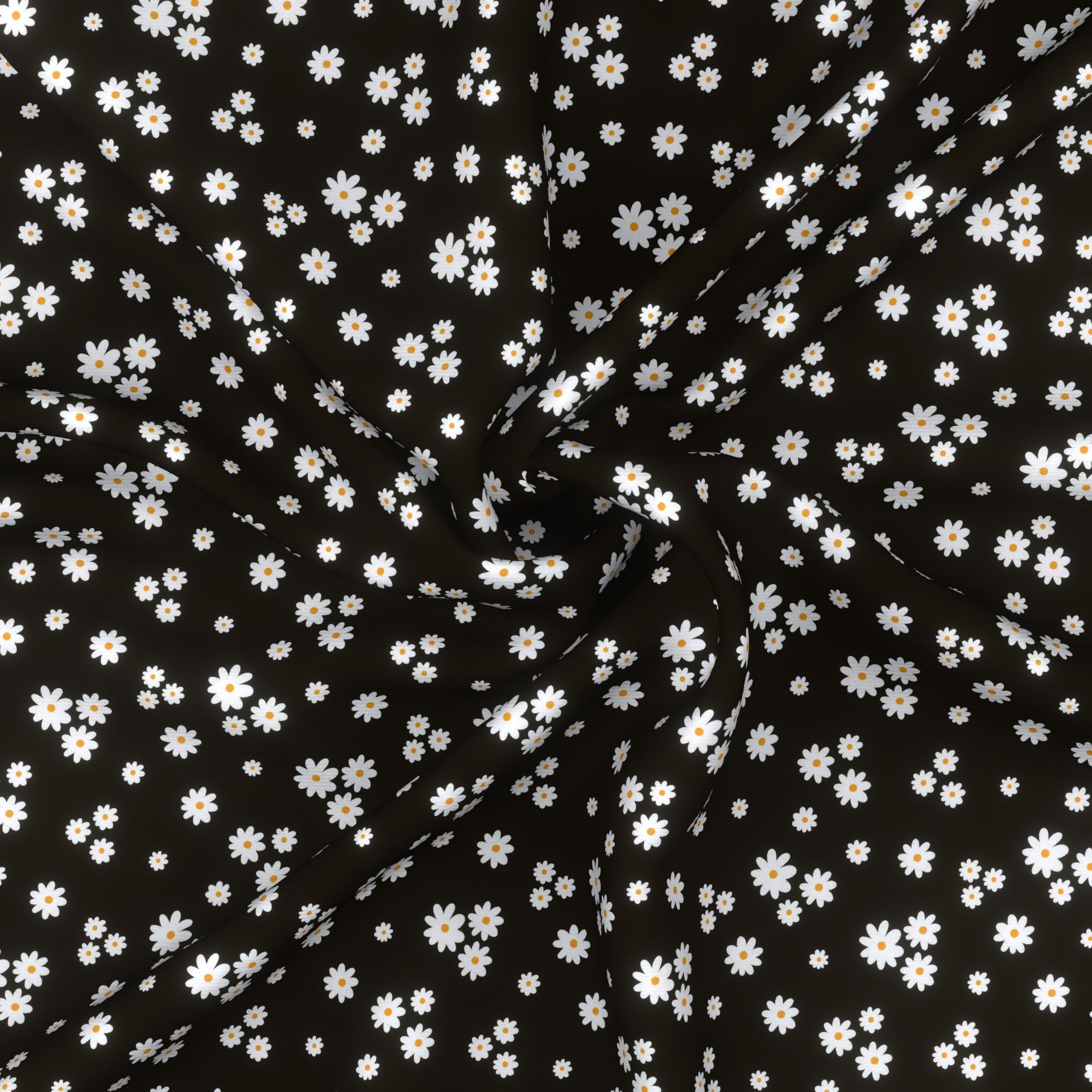 Ditsy Daisies on Black Fabric, Raspberry Creek Fabrics