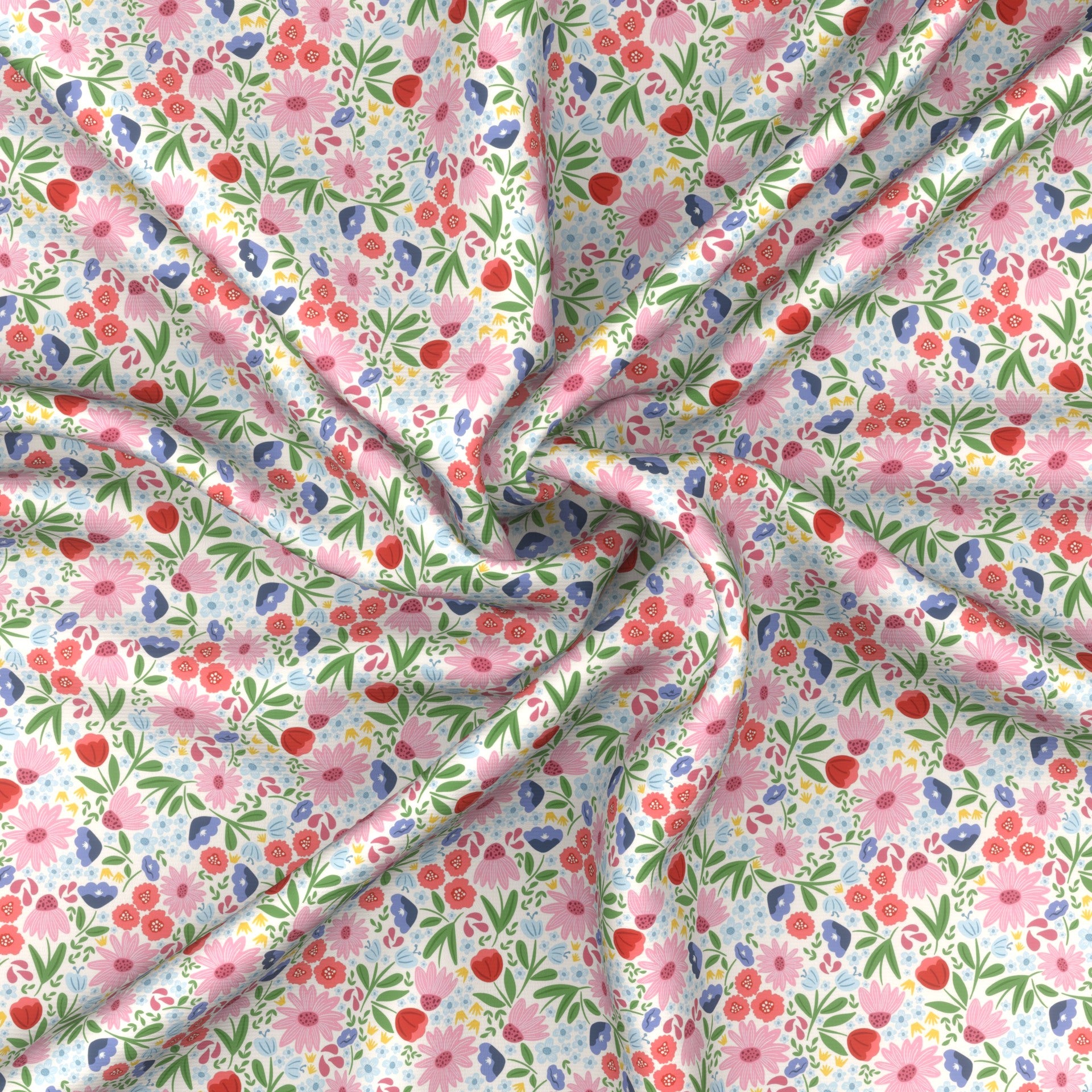 Pink, Blue and Green Floral on a White Background Fabric, Raspberry Creek Fabrics