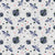 Baby Collection:  Bugs in blue gray hues, dragonflies and ladybugs surrounded by white flowers, red hearts and black diamonds on a light gray background. Image