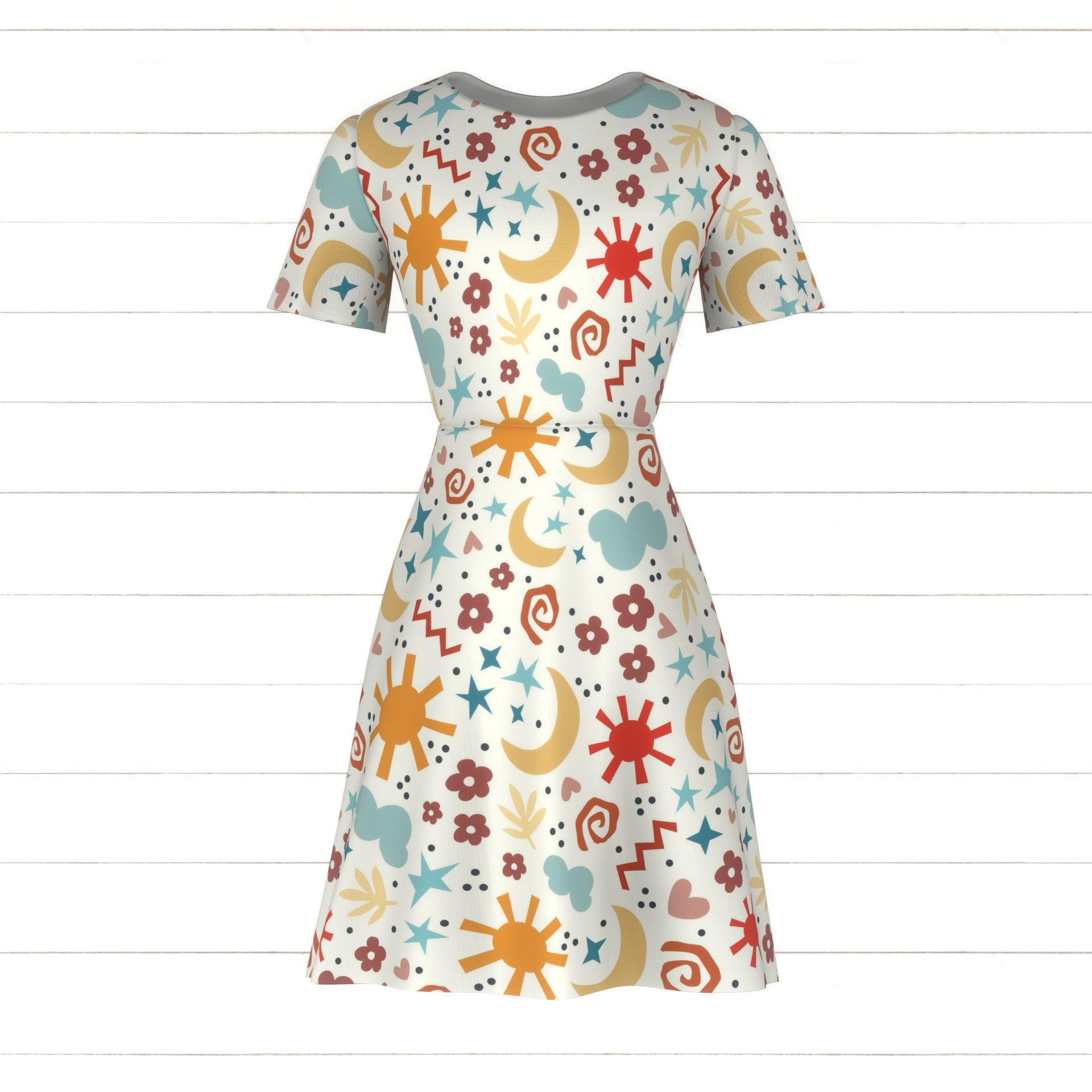 strapless open back dress Moon Stars and Sunshine Retro Galaxy on Ivory Fabric, Raspberry Creek  Fabrics