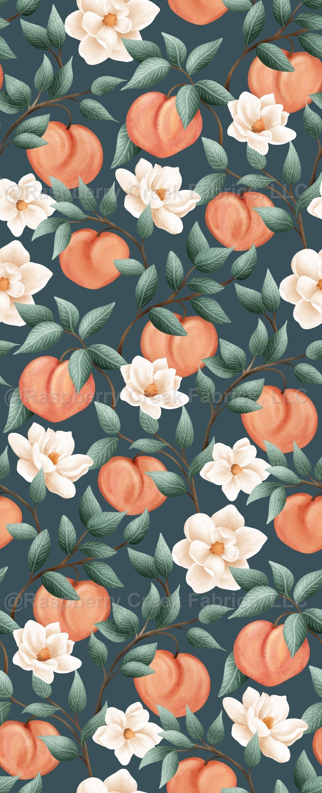 Down South Peaches Navy Fabric, Raspberry Creek Fabrics, watermarked