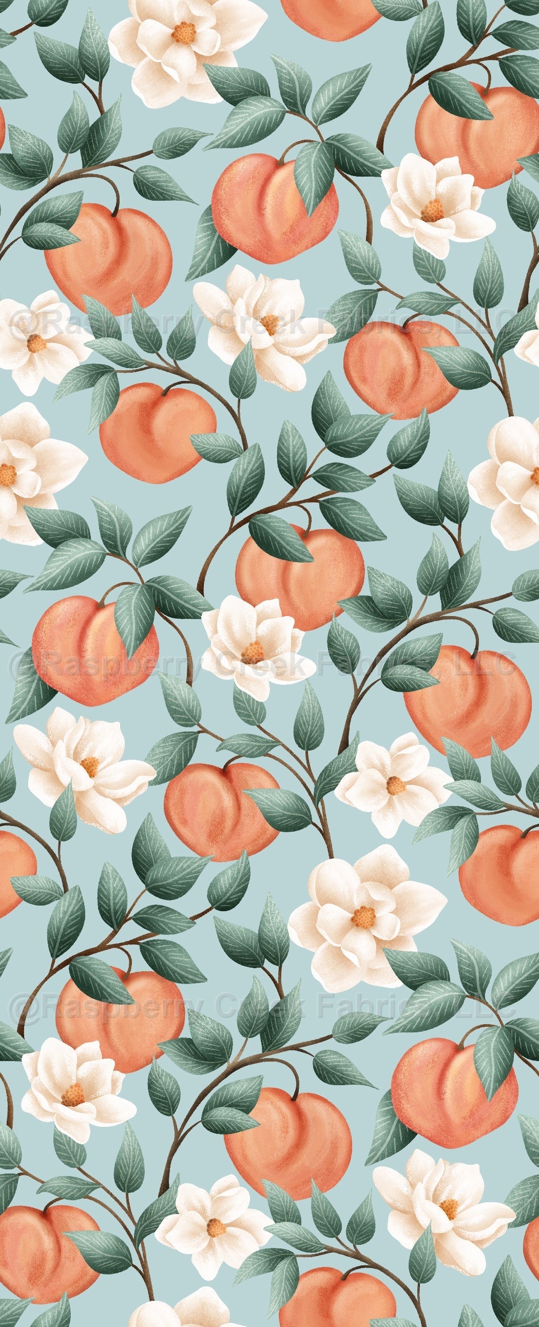 Down South Peaches Sky Fabric, Raspberry Creek Fabrics, watermarked