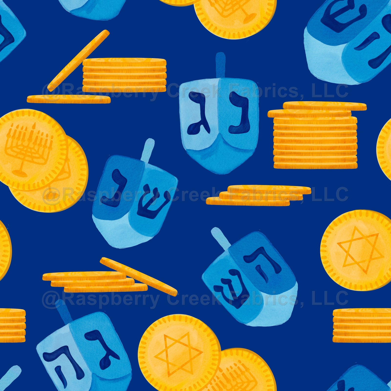 Dreidel Game and Gold Gelt Hanukkah Pattern Dark Blue , Raspberry Creek Fabrics, watermarked