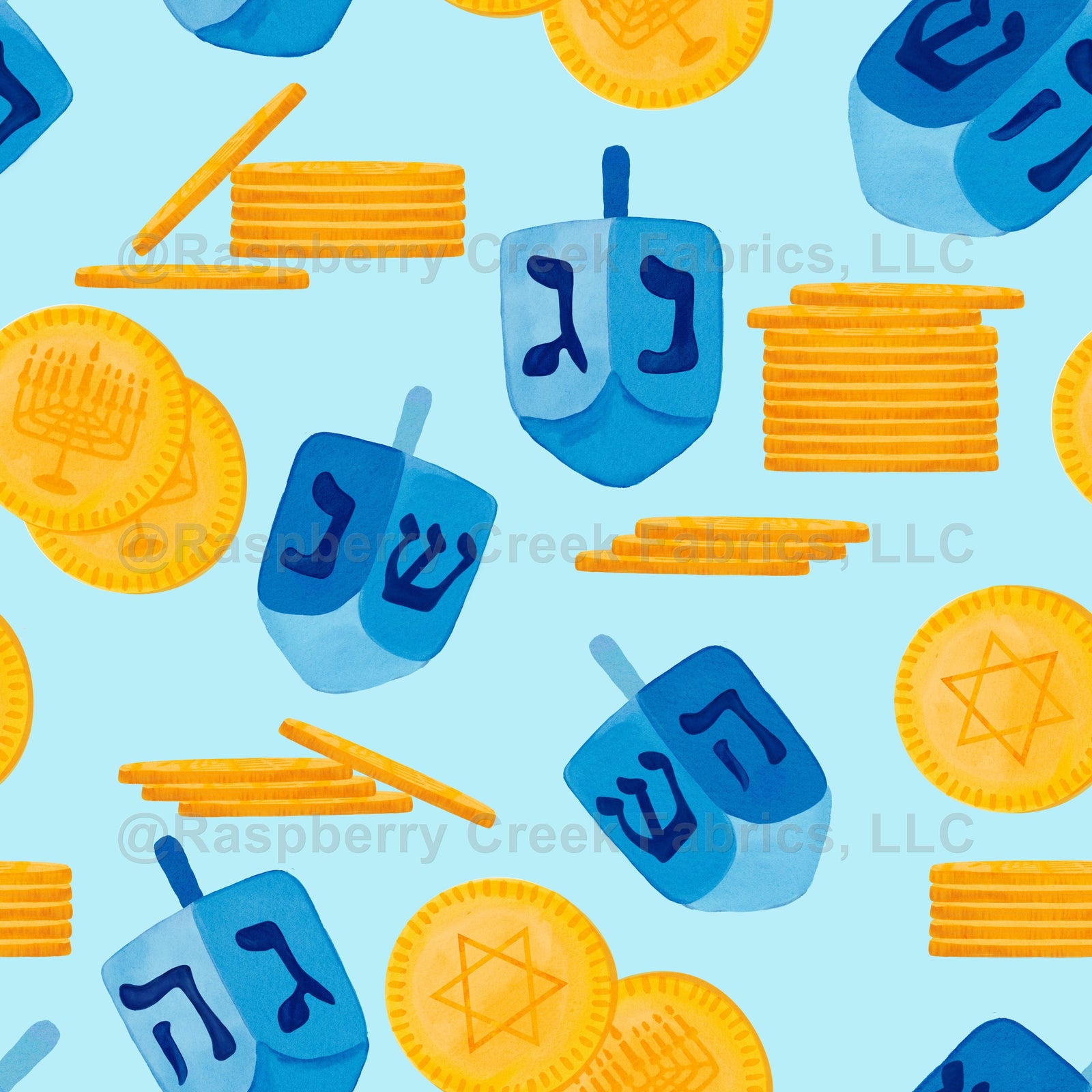 Dreidel Game and Gold Gelt Hanukkah Pattern Light Blue , Raspberry Creek Fabrics, watermarked