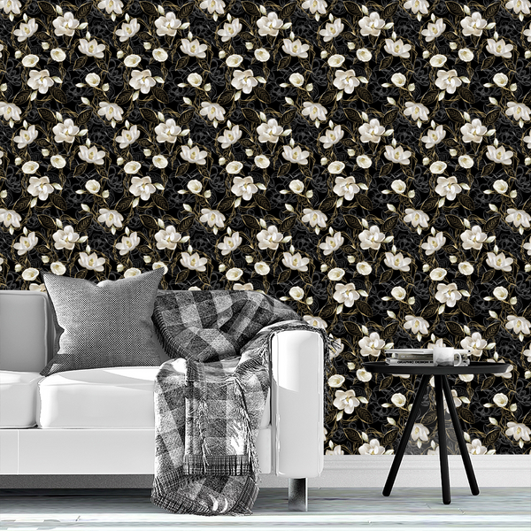 Magnolia Romance Wallpaper | Black + Gold + White + Cream - Raspberry ...