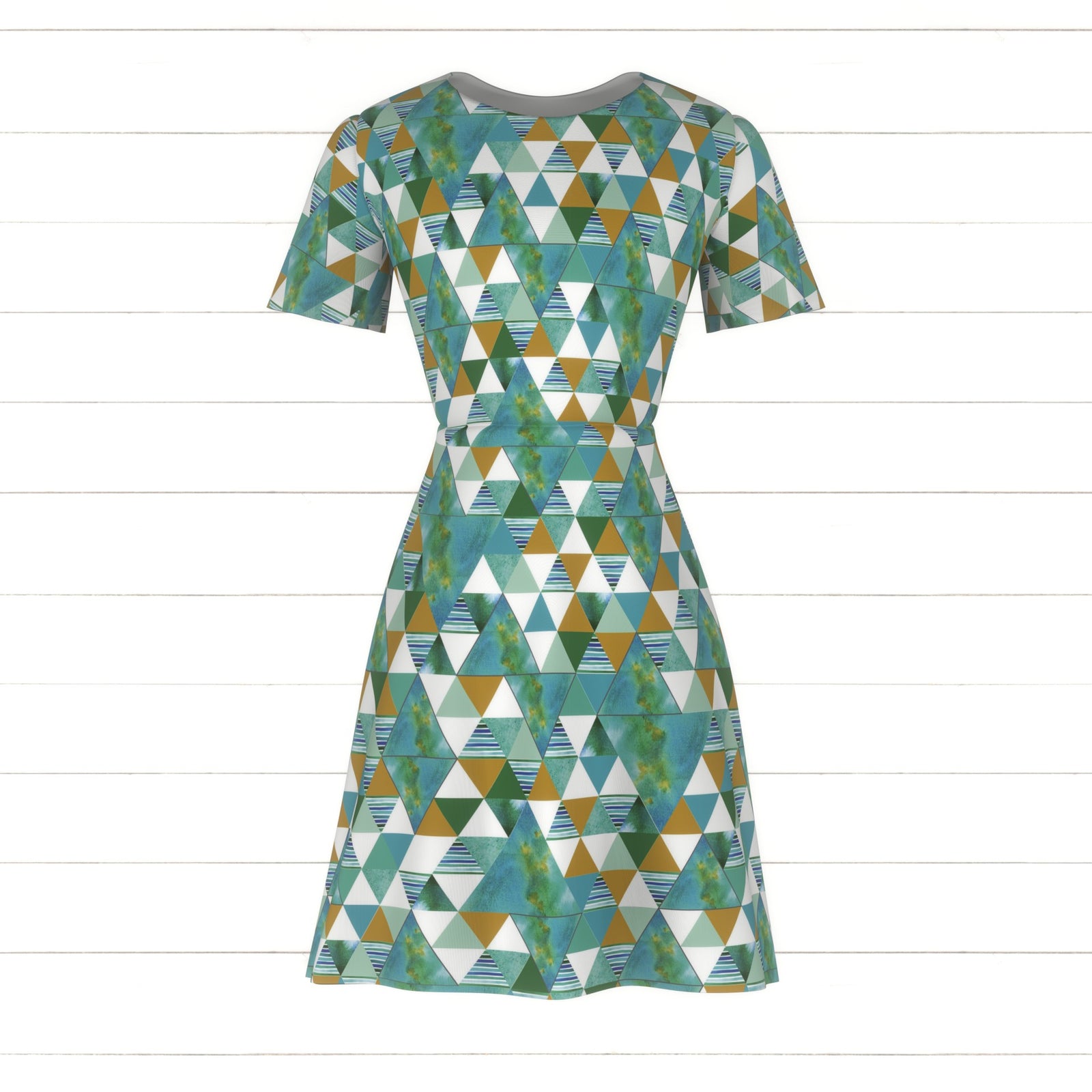 Kelly Green Mustard and Blue Patterned Geometric Triangle Print Fabric, Brushed Poly By Kelsey Shaw Fabric, Raspberry Creek Fabrics, watermarked