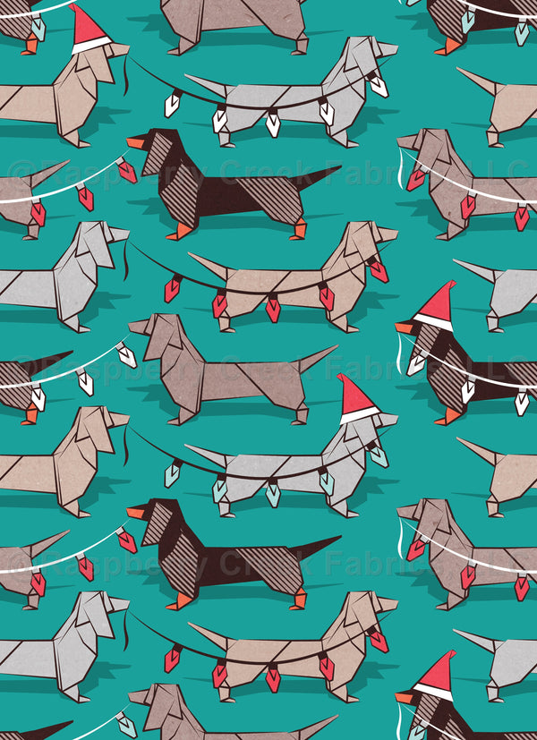 Origami Christmas Dachshunds sausage dogs // turquoise green backgroun ...