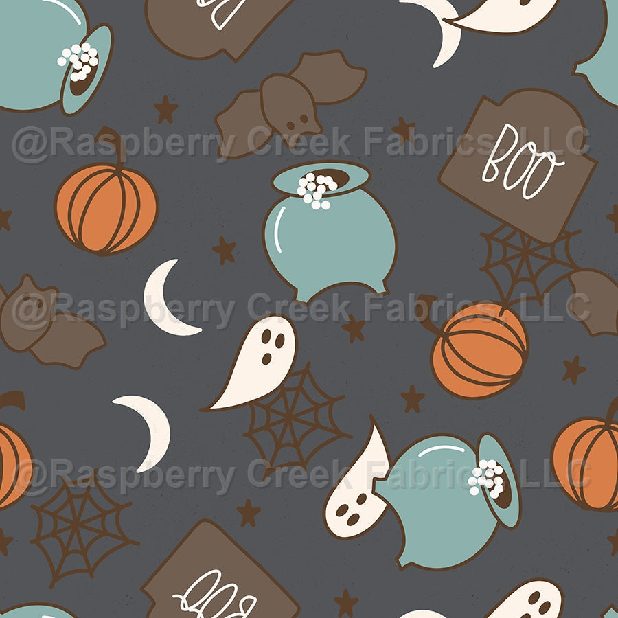 Halloween on Grey _ Boho Halloween Fabric, Raspberry Creek Fabrics, watermarked